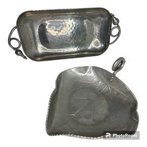 Vintage B W Buenilum Aluminum Tray & Leaf Shaped Nappy Serving Set Hand Wrought